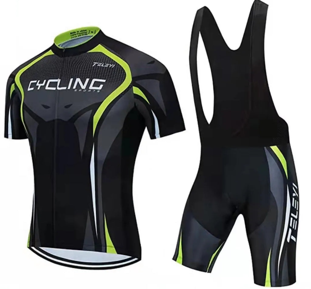 Unisex blue and black cycling jersey and pants set on a white background.