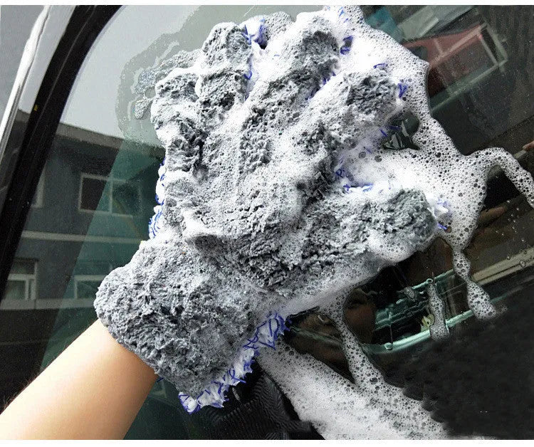 Blue gray fiber plush car washing gloves size 30x27.5 cm