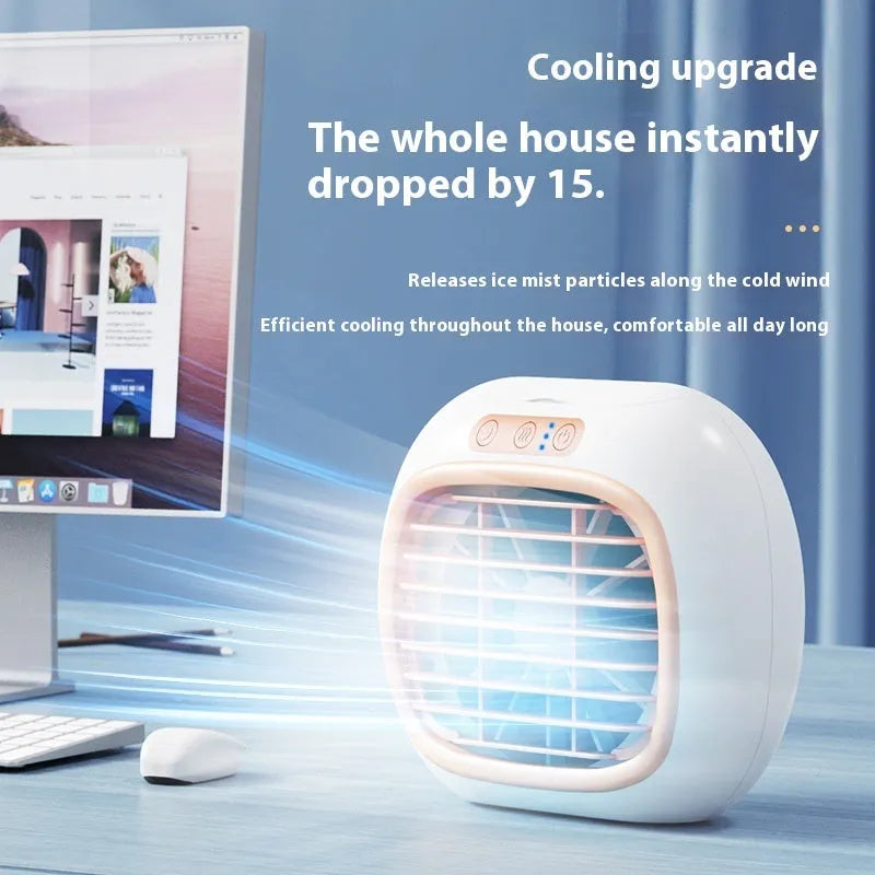 Mini USB air conditioner fan with spray function in Rose Gold or Silver, three speed gears, for household small area use