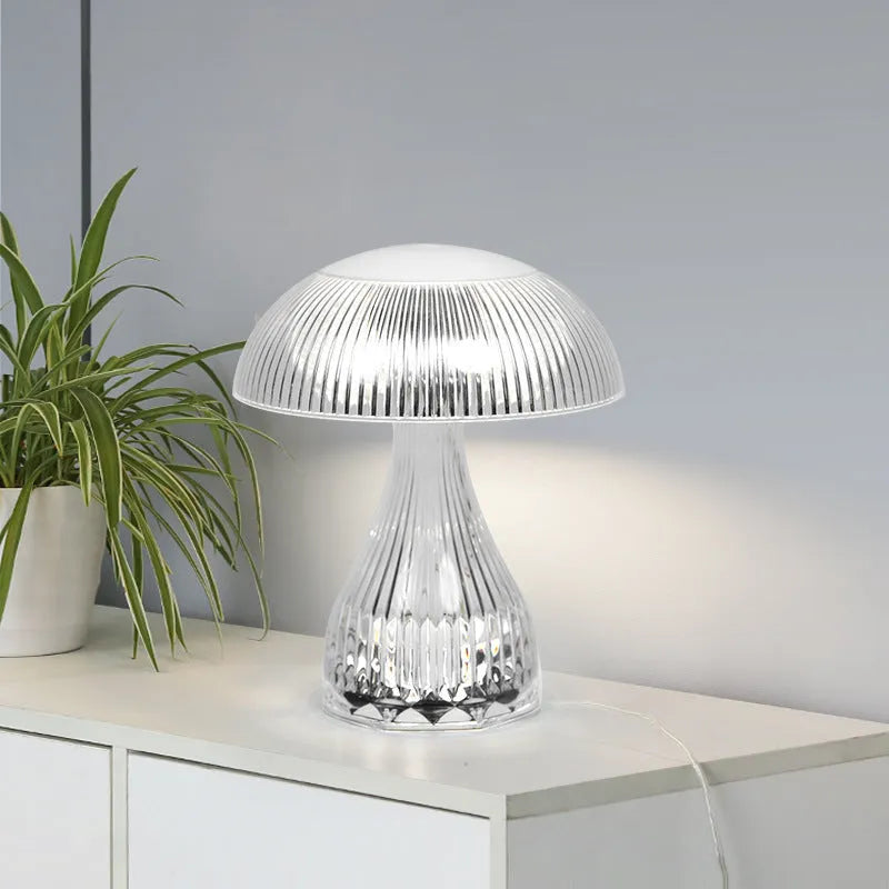 White touch control USB rechargeable night lamp with acrylic light body on a table.