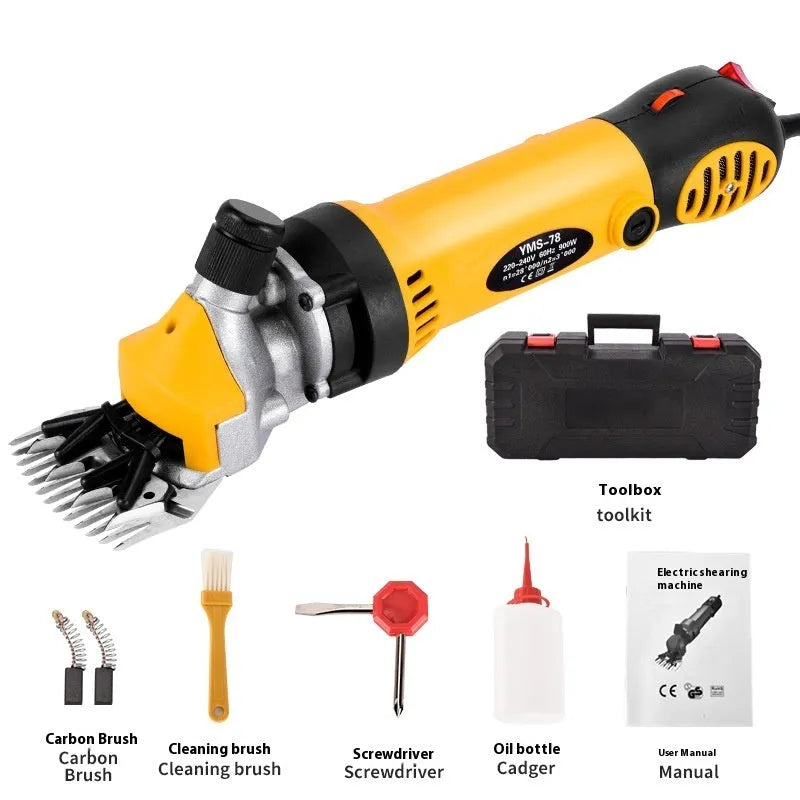 Yellow electric wool shearing clipper with 110V plug, multiple cutting blades, and maintenance accessories in plastic box