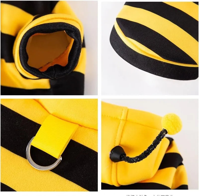 Yellow black bee stripe pet hoodie with flexible antennae on hood and belt hook on back, for dogs and cats