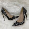 Women's black rivet high heels pointed stiletto low-cut PU shoes with 12CM super high heel and shallow mouth design