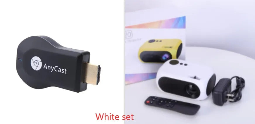 M24 micro mini portable projector in gold or white with UK, US, and EU plug options