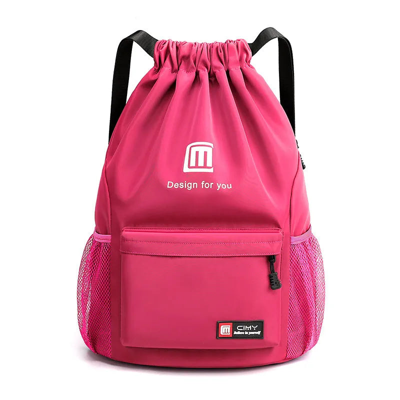 Water-repellent Oxford travel backpack with drawstring closure in black colour showing bucket shape and double shoulder straps