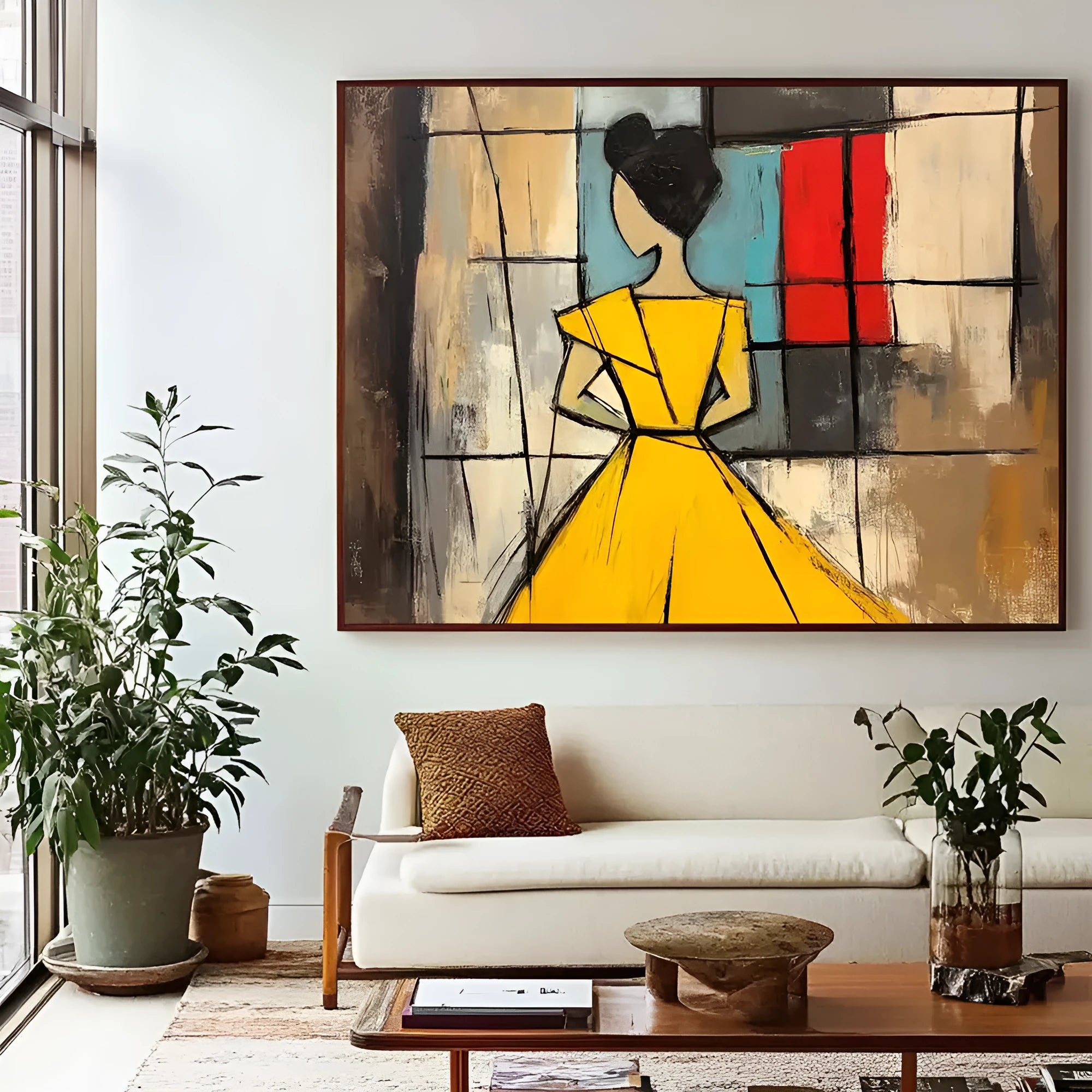 Handmade oil painting abstract woman vertical canvas brown green texture wabi sabi wall art