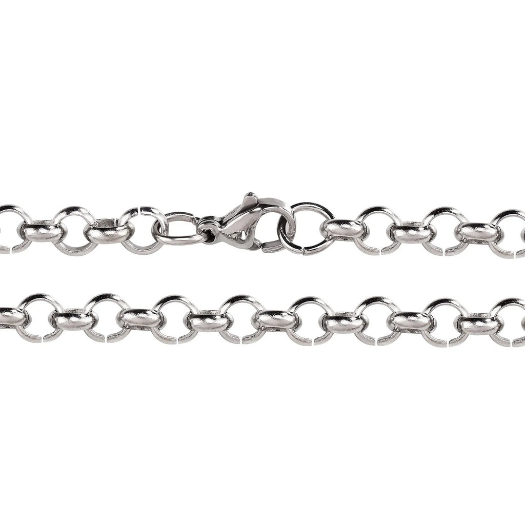 Silver stainless steel men's punk ring buckle necklace with O-ring chain and copper zircon pendant on dark background