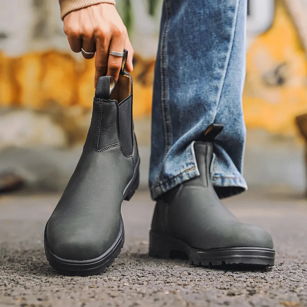 Vintage brown frosted PU leather Chelsea boots for men and women with car stitch detail and low heel.