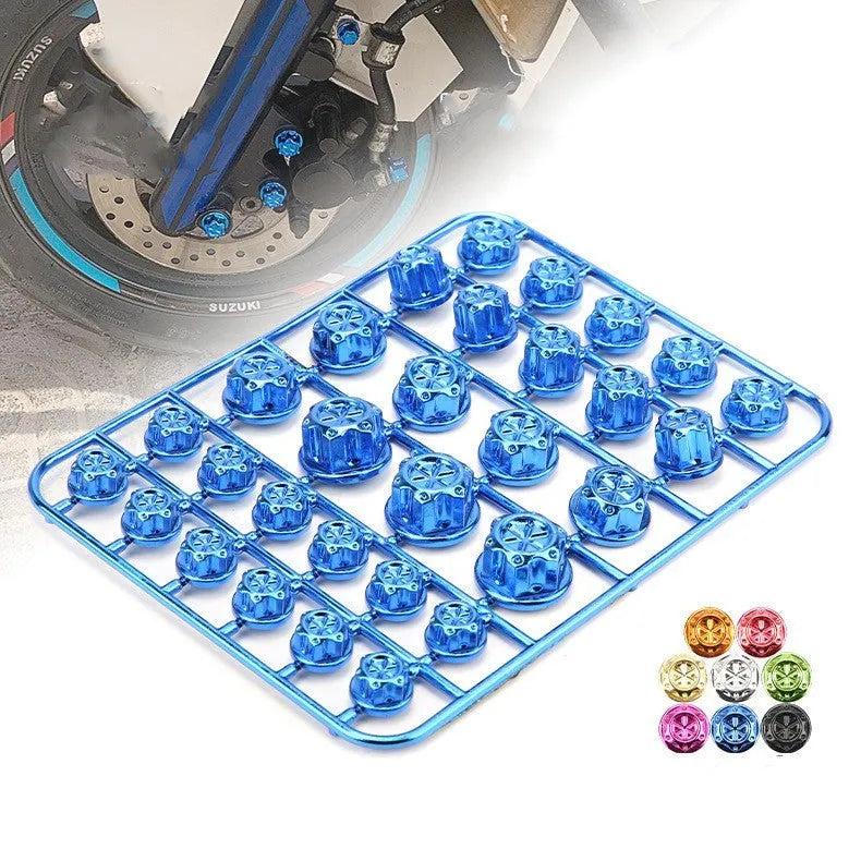 Set of 30 coloured ABS plastic motorcycle screw covers for engine customisation.