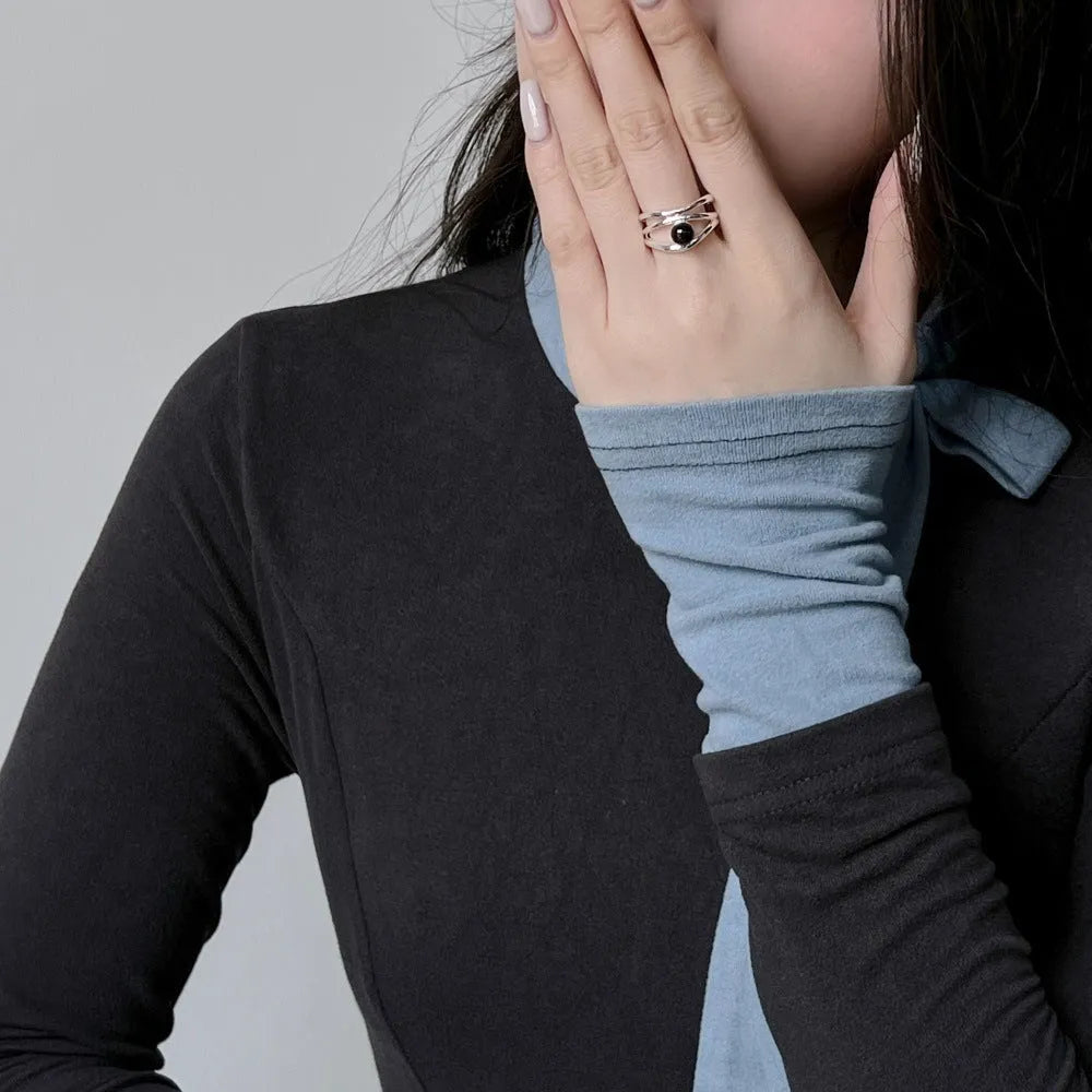 S925 sterling silver ring with black agate inlay adjustable opening geometric hollow design for women