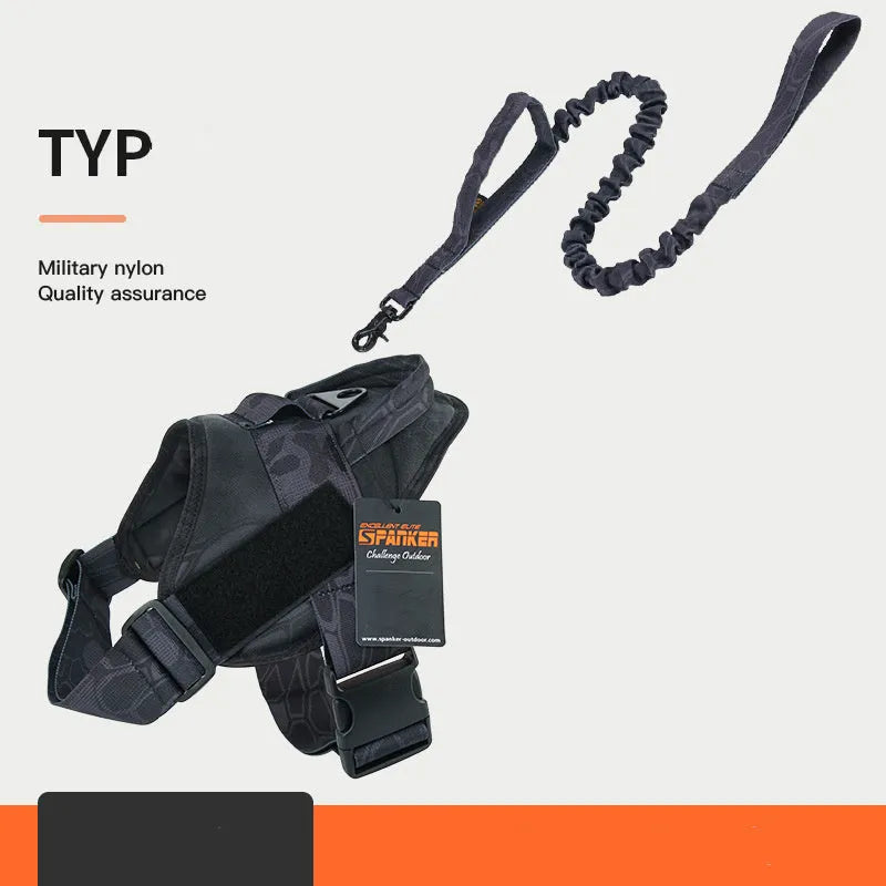 Adjustable dog harness in black made from 1050D nylon with UTX buckle, side view on floor