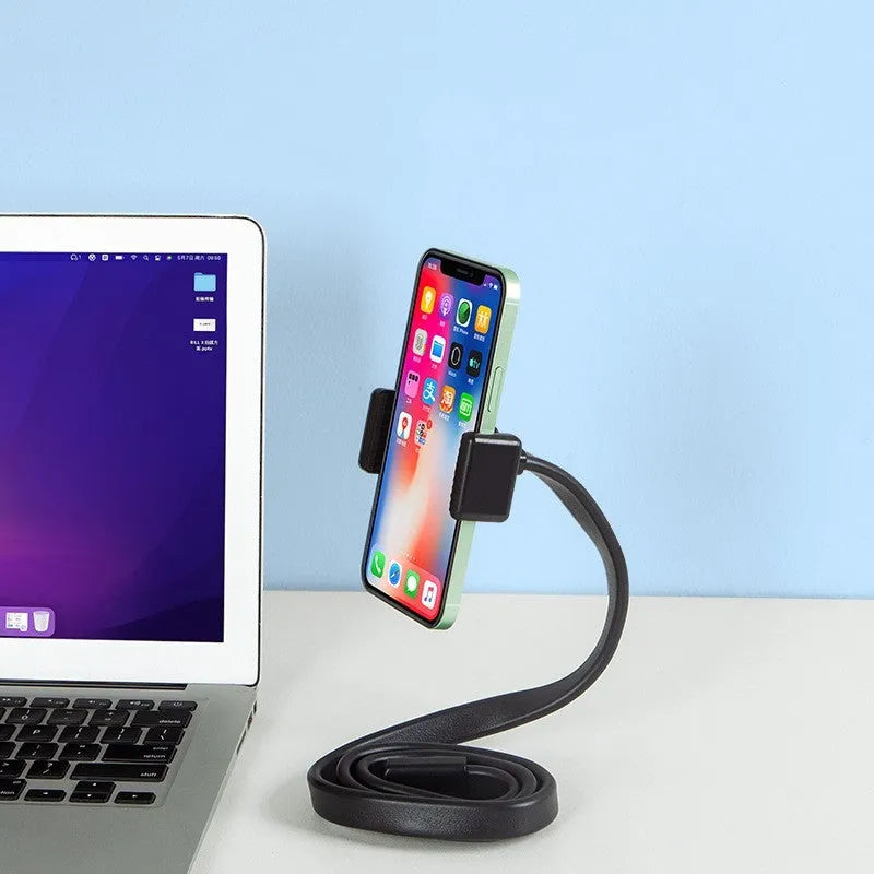 Flexible adjustable silicone and aluminium hose phone holder bent into an S-shape.