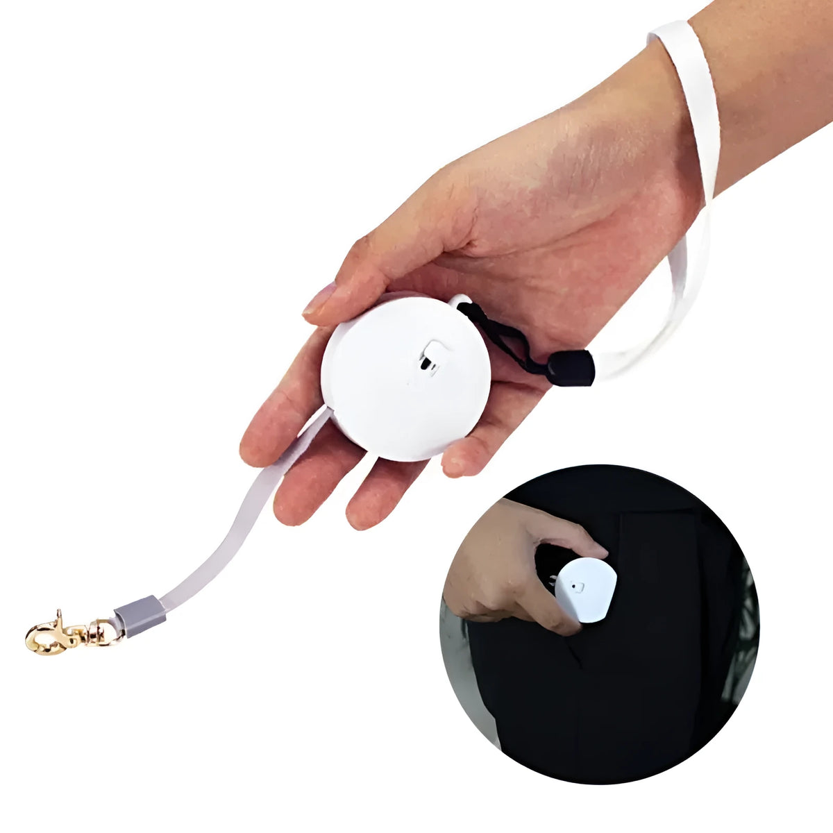 Retractable dog lead with 2m nylon tape, lock button, and non-slip handle in white, pink, or blue.