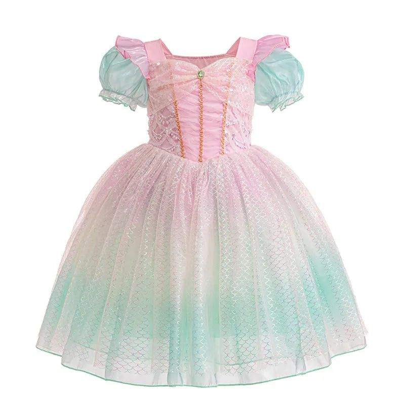Little girl cotton princess dress with short sleeves and gauze skirt in solid colour with cartoon and flower pattern