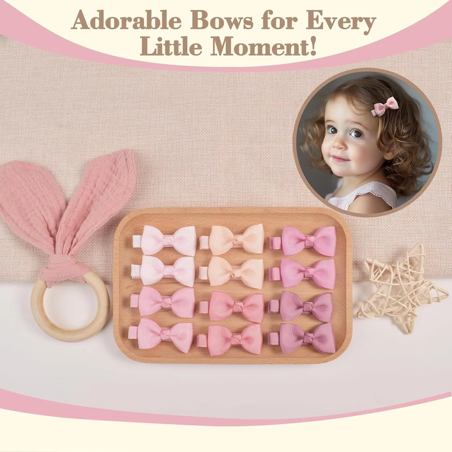 Assortment of pastel-coloured barrette and bow hair clips for babies and toddlers on a white background.