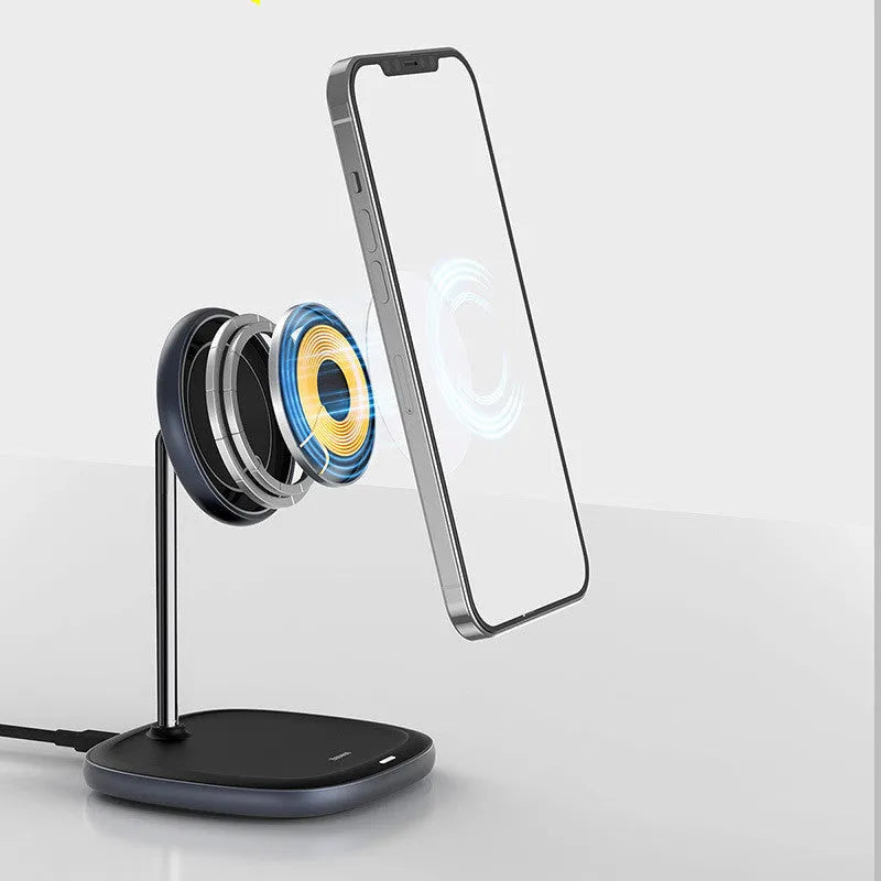 Swan black magnetic desktop stand wireless charger for iPhone 12 series with Type-C cable.
