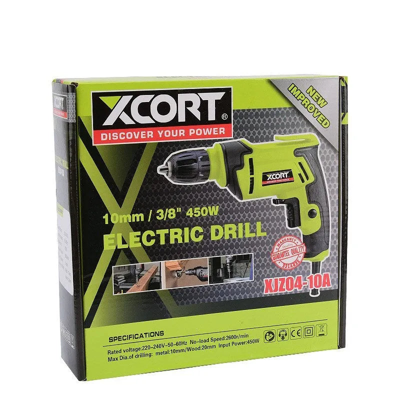 High-power pistol-grip electric drill with a 10mm chuck on a workbench.