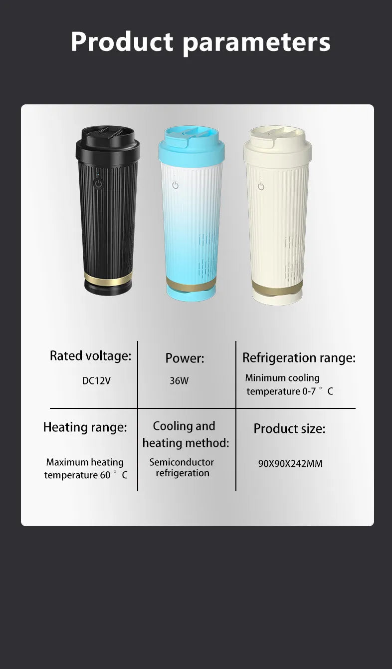Car-mounted smart heating and cooling cup in black, 36W 12V, size 111x96x235mm, for vehicles homes offices