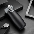 450ml vacuum insulated stainless steel travel mug with leak-proof push-button lid, shown in black, blue, or true colour