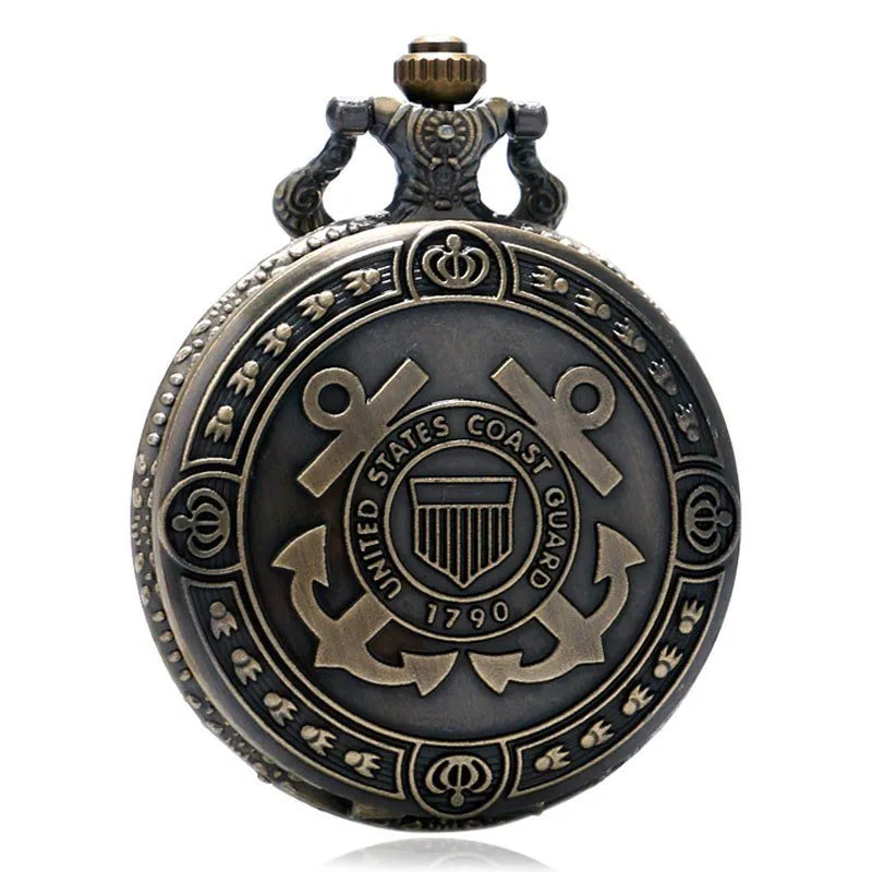 Bronze United States Coast Guard 1790 pocket watch with chain on light background