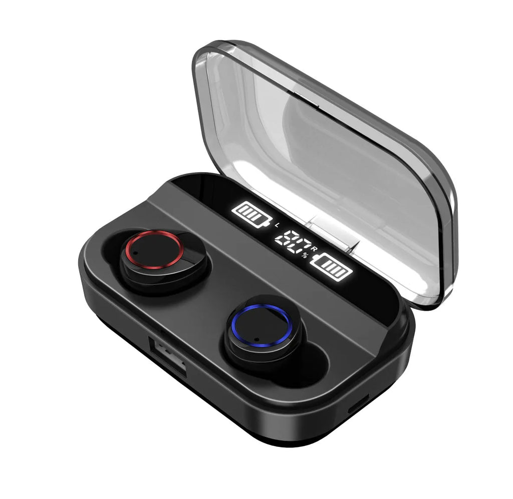 Black X11 wireless Bluetooth earbuds inside their white charging case, with silicone ear sleeves.