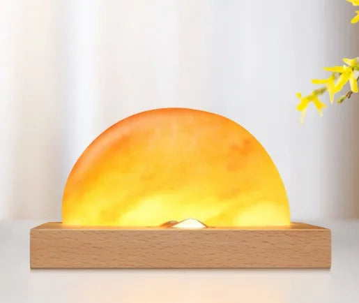 Sunrise Oriental wooden base salt lamp with natural crystal shade and integrated wireless phone charging pad