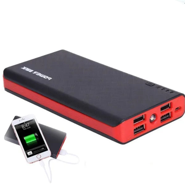 4U 20000mAh power bank in blue, showing size next to a smartphone for scale.