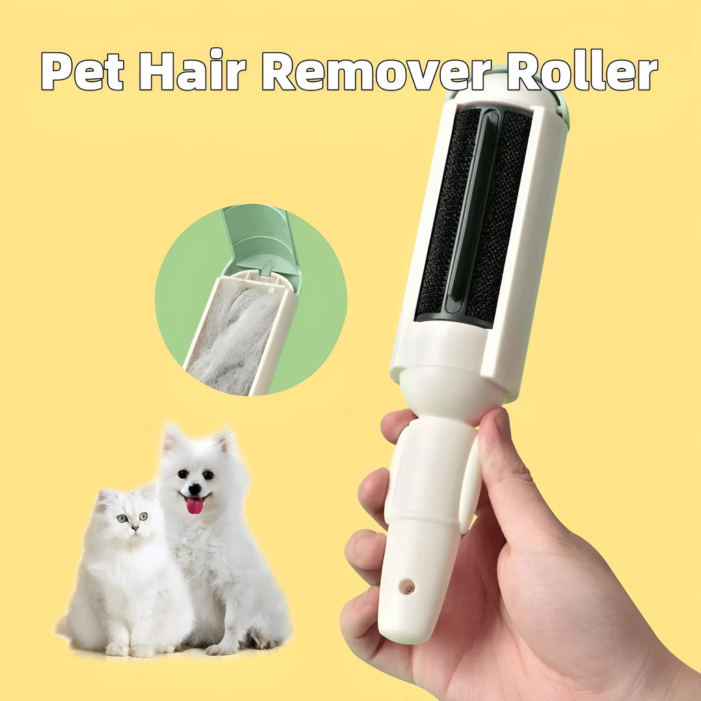 White and green pet hair removal roller with self-cleaning base on a carpet