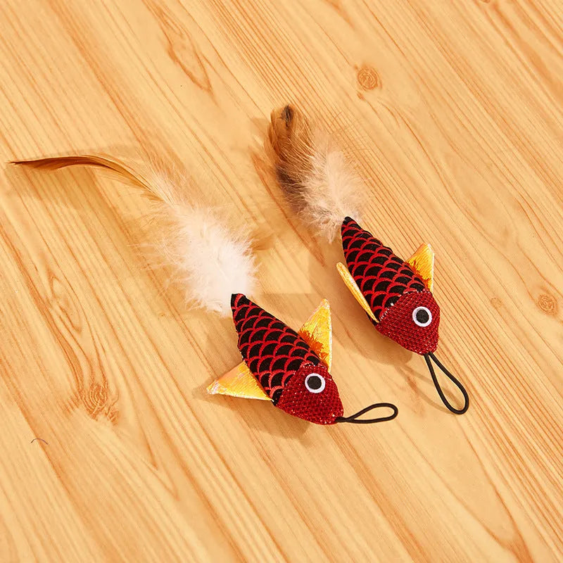 Cat teaser feather toy with retractable rod, plush fish replacement, and feather on a random colour base