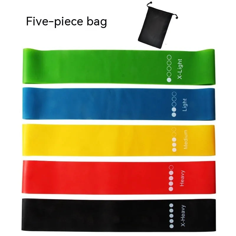 Set of five coloured yoga tension straps showing different resistance levels for fitness training
