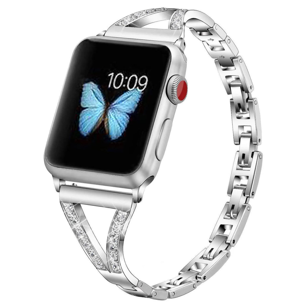 Zinc alloy Apple Watch strap with herringbone diamond pattern in silver, black, rose pink, or rose gold for Series 4/3/2/1.
