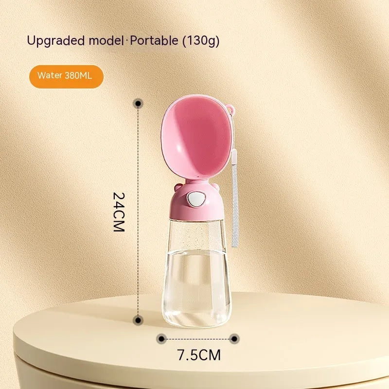 Portable plastic dog water bottle with an attached drinking bowl in yellow, pink, or brown.