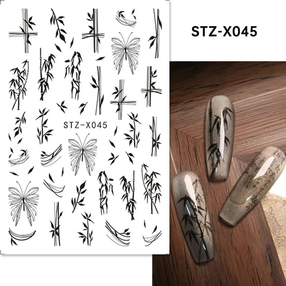 Cartoon-themed nail art sticker sheet with black and silver strip patterns and love motifs