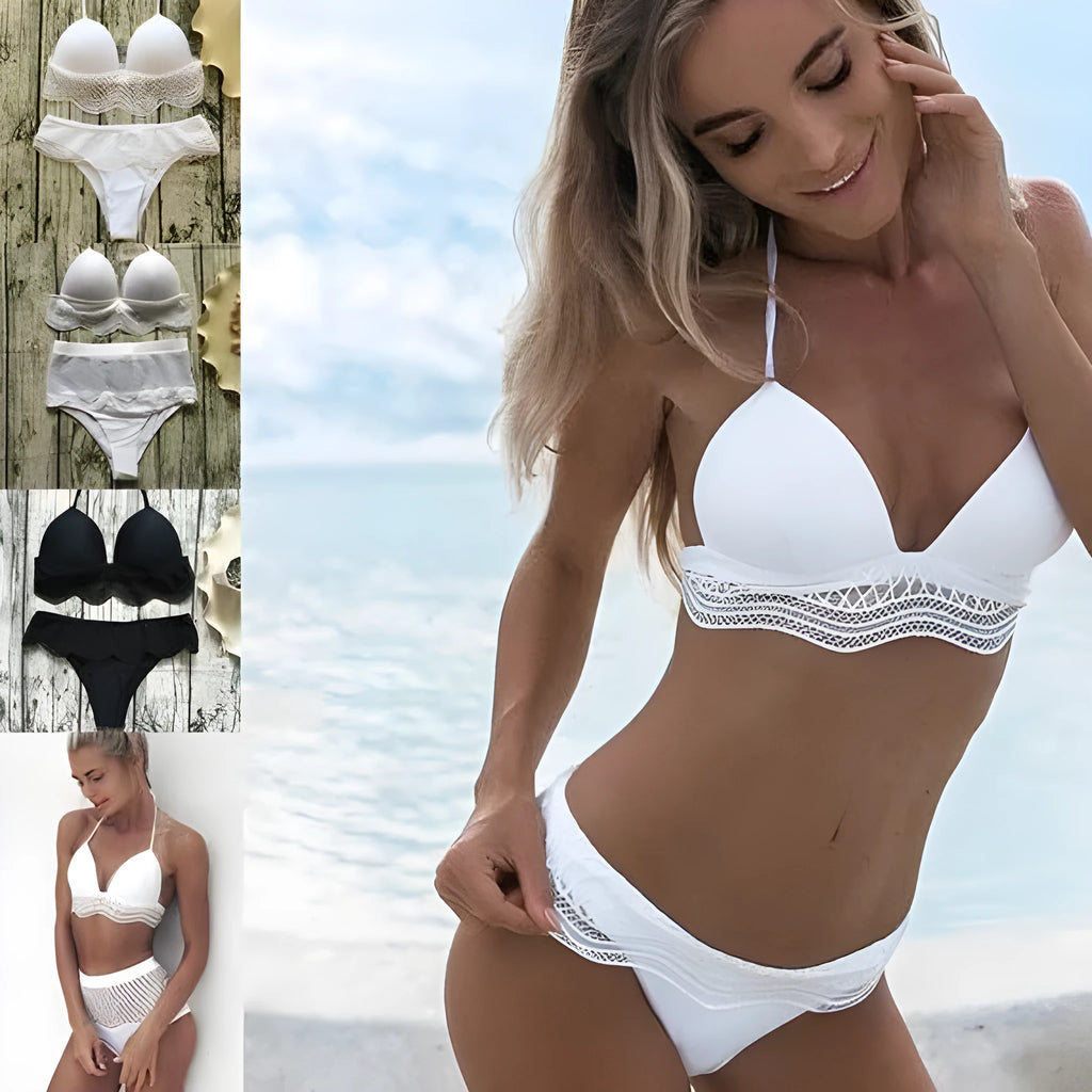 Miller Swimsuit in black or white low waist and high waist options, sizes S to XL with cm size chart