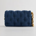 Blue denim quilted shoulder bag with chain strap and padded buttons, 19 x 30 x 8 cm