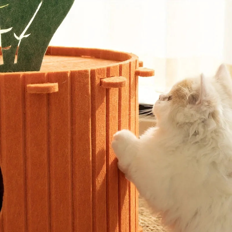 Beige carrot-shaped felt cat nest with multiple holes, shown in a home setting.