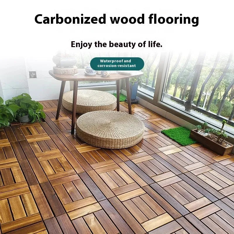 Square camphor pine floor panels with a brushed wood finish, shown in a 30x30cm size.