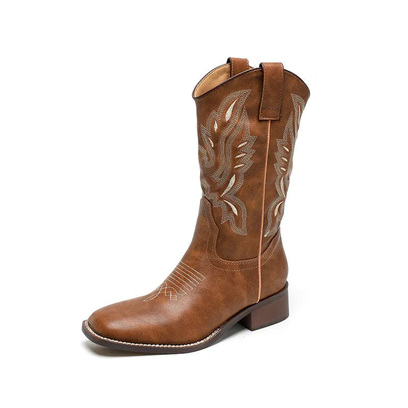 Brown embroidered women's Martin boots with mid-calf length, leather lining and square low heel