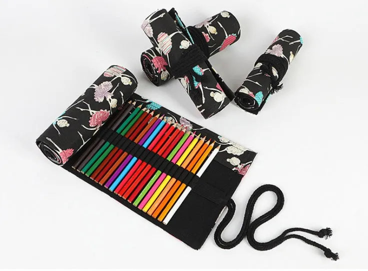 Square canvas rolling pencil case with ballet girl print, showing multiple holes for pencils