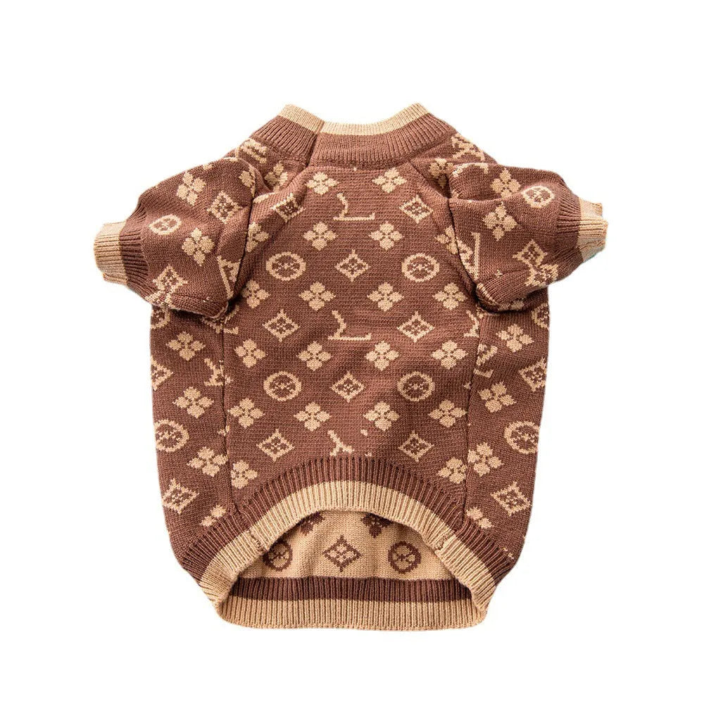 Wool-blend knitted dog sweater in a solid colour on a model dog.