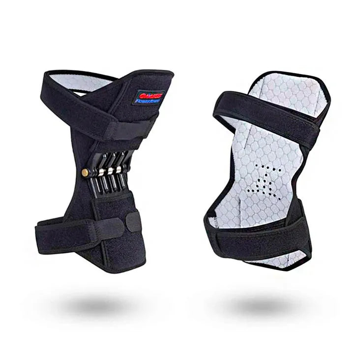 Black adjustable knee brace with patella support and visible booster spring mechanism for sports.