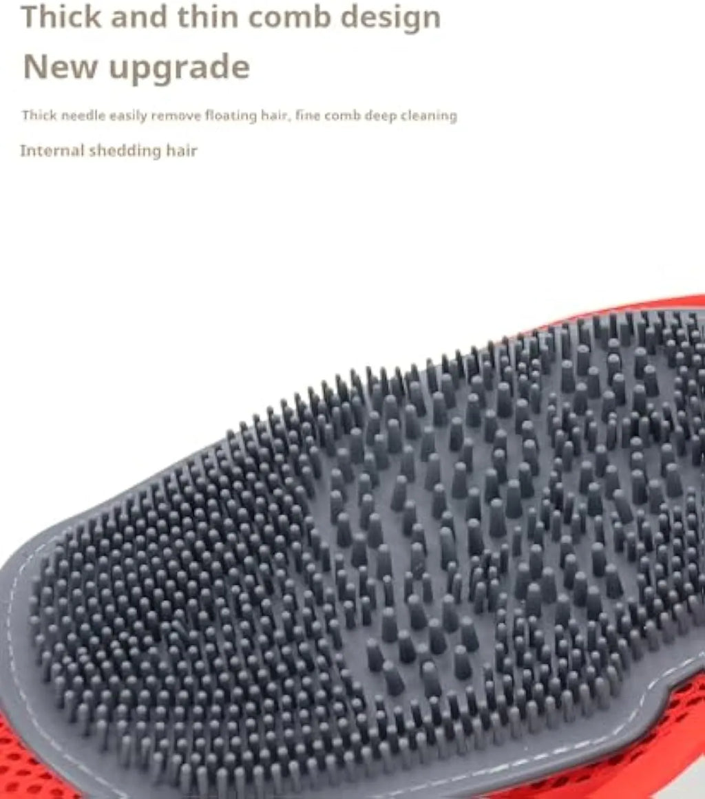 Red pet bathing glove with integrated cleaning brush measuring 26cm by 16cm