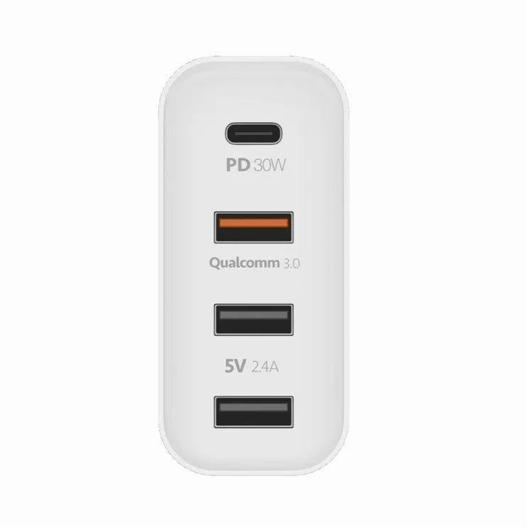 Black 48W desktop charger with four USB-C ports and a white UK plug on a wooden table.