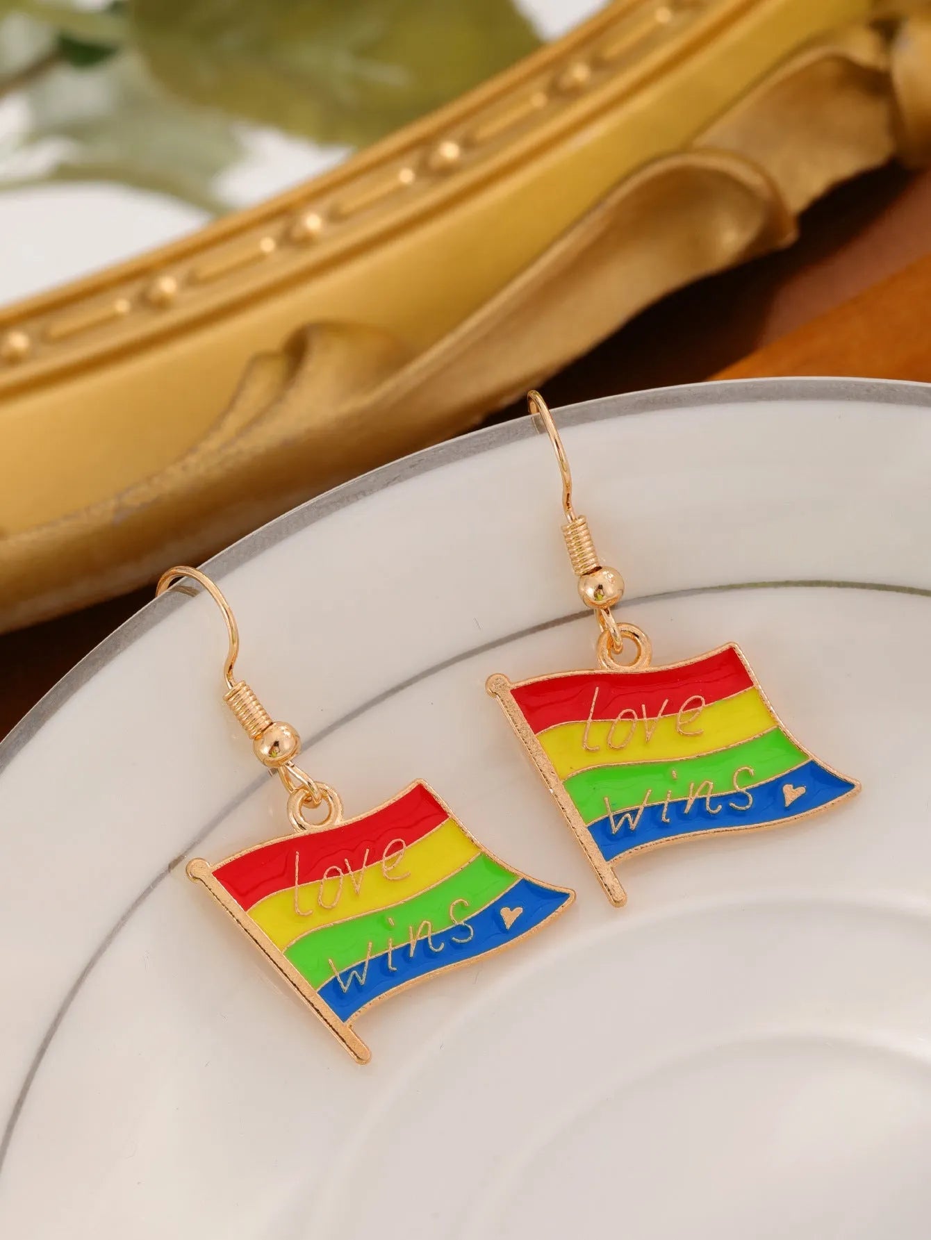 Rainbow flag design earrings in style 1 with alloy metal and enamel finish, approximately 3cm length