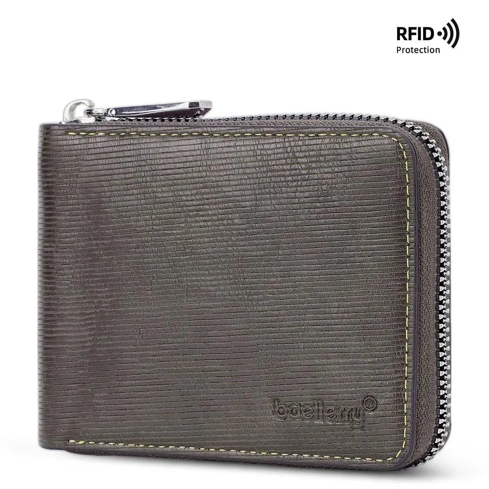 Black or brown PU anti-theft zipper wallet with embossed design and extended credit card capacity
