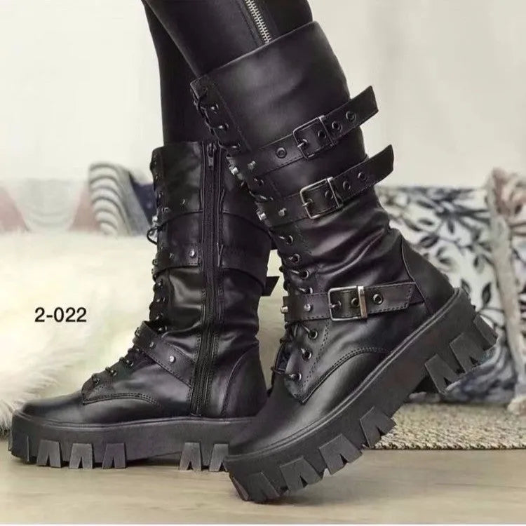 Black women's mid-calf boots with a metal buckle strap and side zip on a round toe.