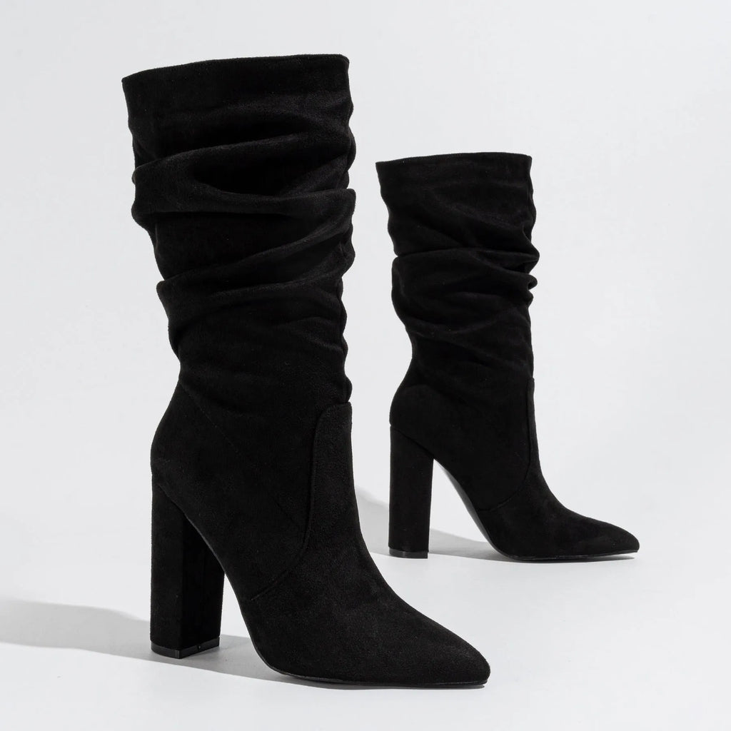 Black suede women's chunky heel pointed-toe high heel boots with a middle calf length