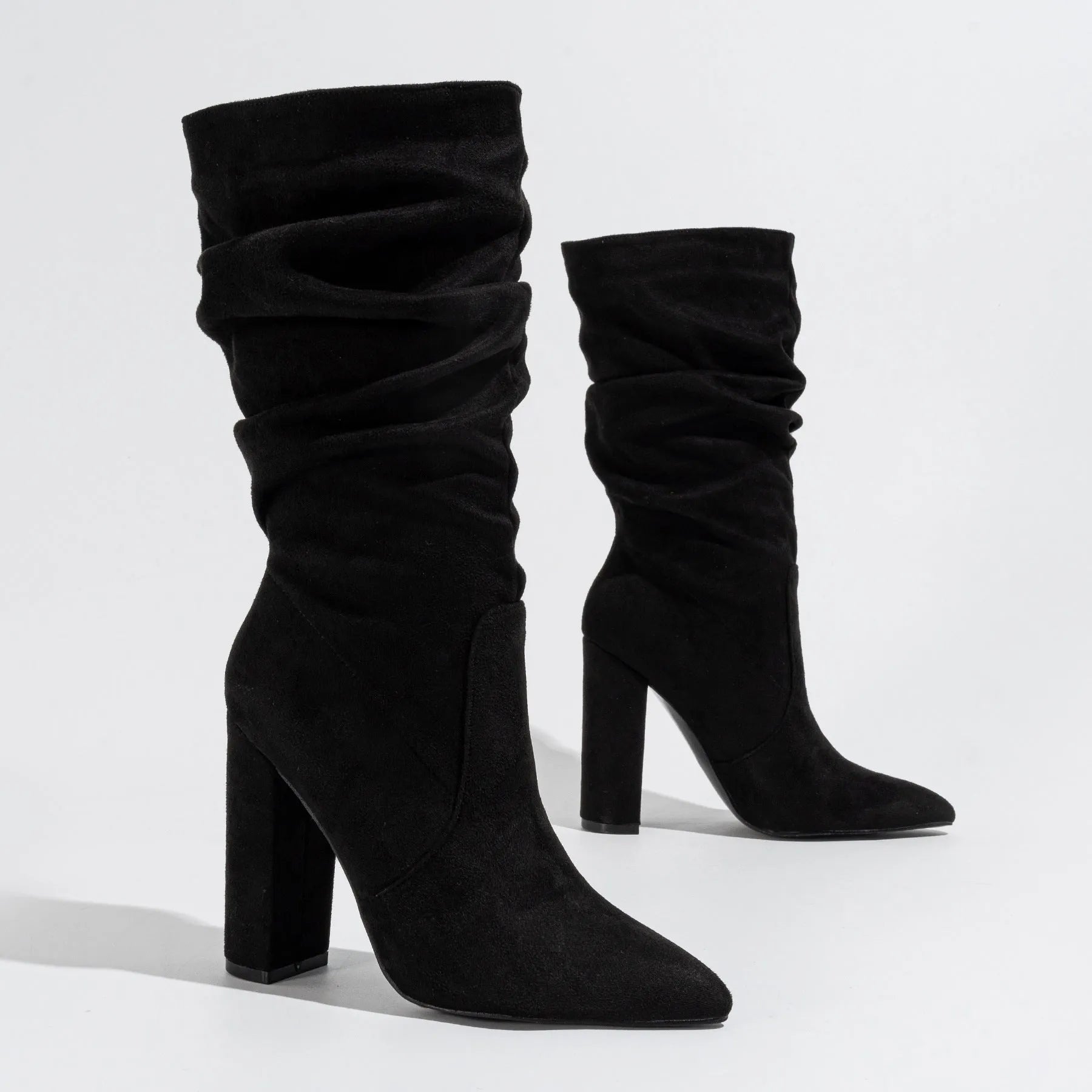 Black suede women's chunky heel pointed-toe high heel boots with a middle calf length