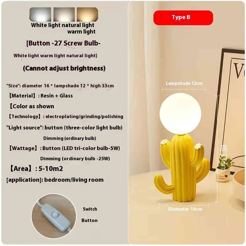 Green cactus button 3W plug-in bedside lamp on a modern nightstand