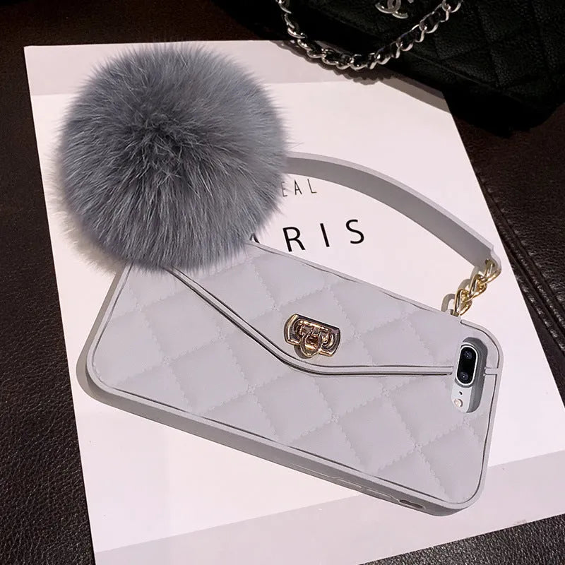 Plush hairball texture TPU back cover phone case for iPhone in a grid pattern.